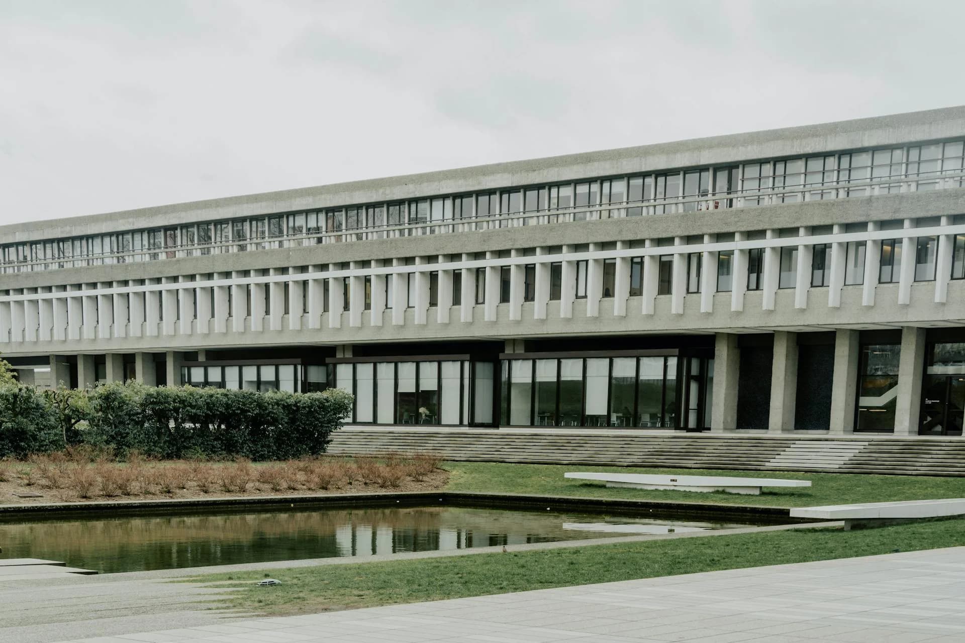 Simon Fraser University architecture with reflecting pond in Burnaby BC