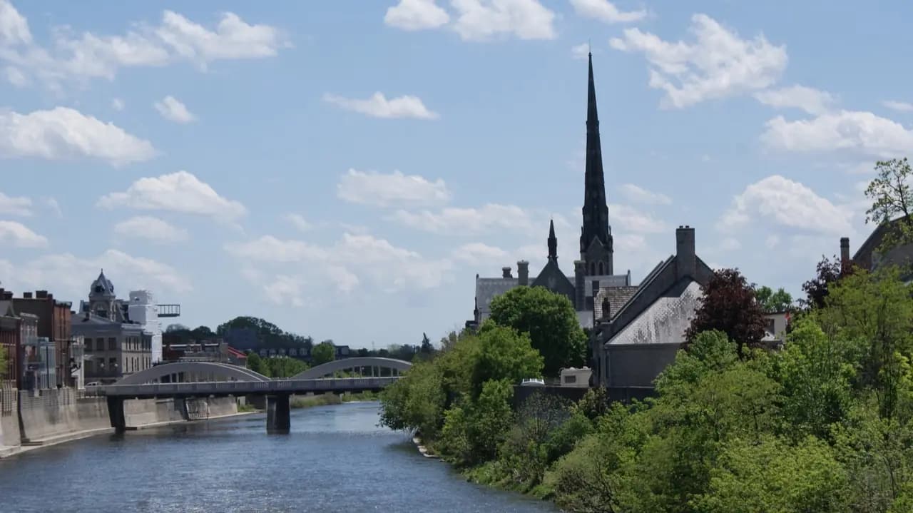 Cambridge, Ontario Grand River with Main Street bridge — cobbler and shoe repair service area