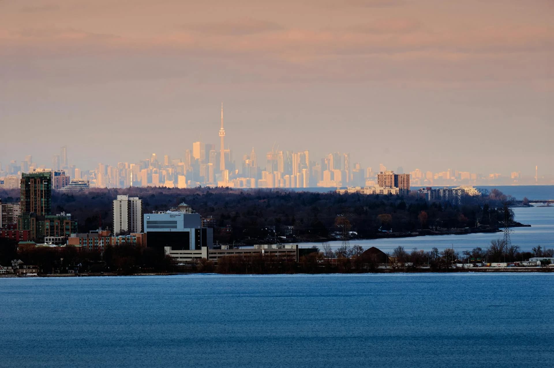 Hamilton Ontario skyline view from harbour with Lake Ontario