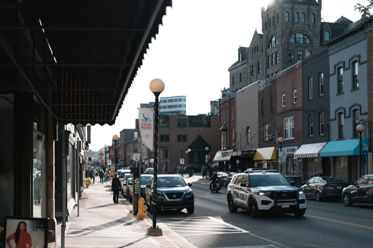 Downtown Kingston, Ontario heritage limestone buildings — cobbler and shoe repair service area