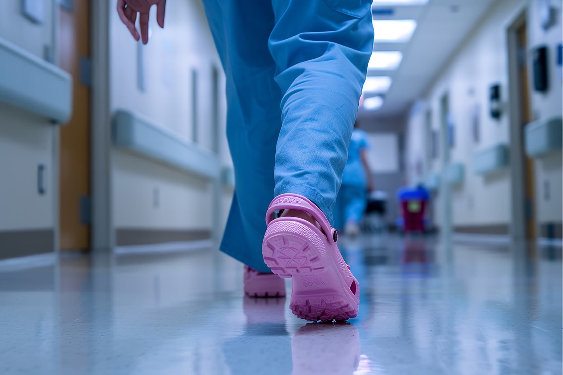 Infirmière portant des sabots roses marchant dans un couloir d'hôpital — service de réparation de chaussures de santé au Canada